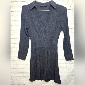 Zara Black Basic Crinkle Guide Long Sleeve Collared Dress Size XS